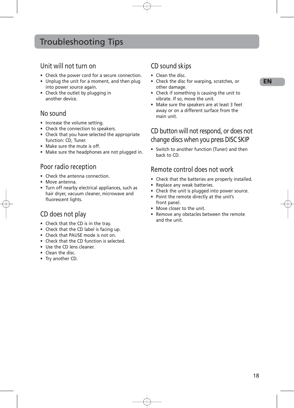 Troubleshooting tips, Unit will not turn on, No sound | Poor radio reception, Cd does not play, Cd sound skips, Remote control does not work | RCA RS2130i User Manual | Page 23 / 26