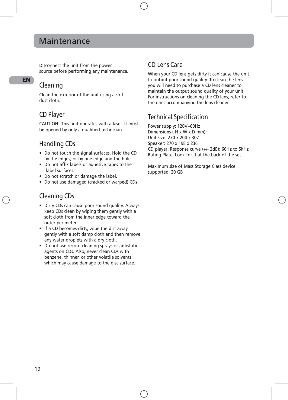 Maintenance, Cleaning, Cd player | Handling cds, Cleaning cds, Cd lens care, Technical specification | RCA RS2130i User Manual | Page 24 / 26