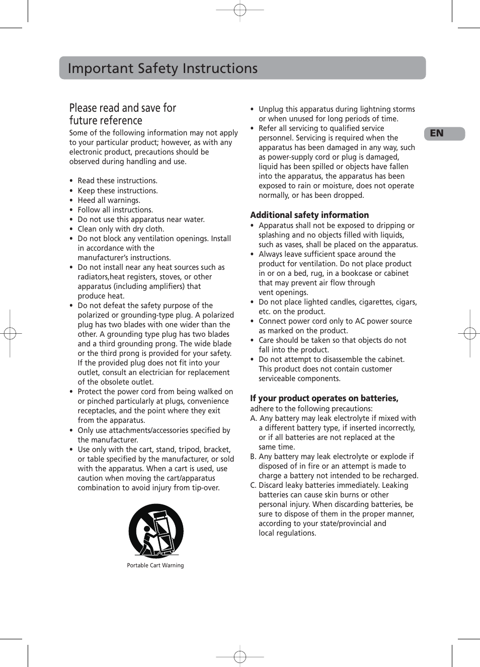 Important safety instructions, Please read and save for future reference | RCA RS2130i User Manual | Page 3 / 26