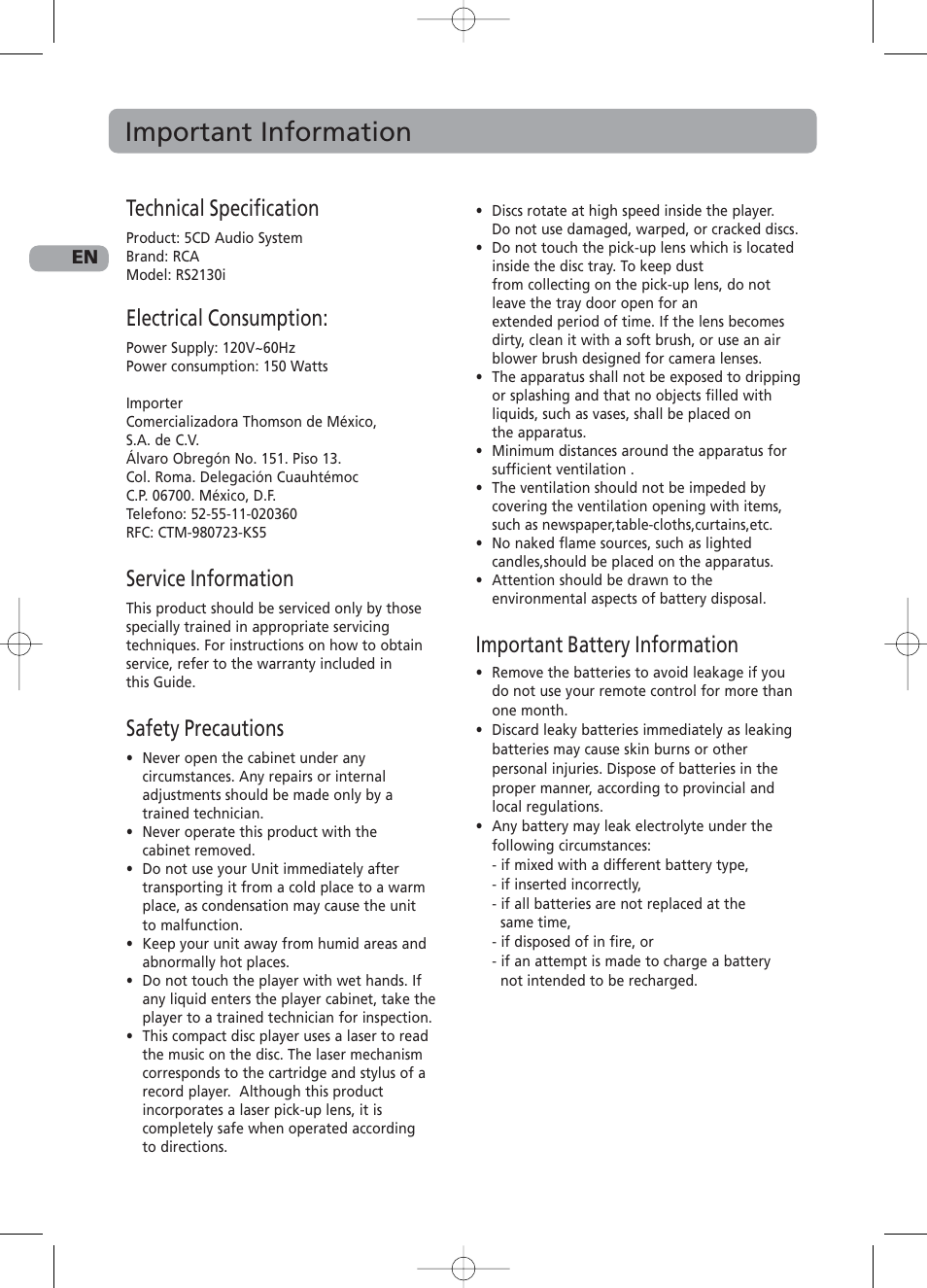 Important information, Technical specification, Electrical consumption | Service information, Safety precautions, Important battery information | RCA RS2130i User Manual | Page 4 / 26