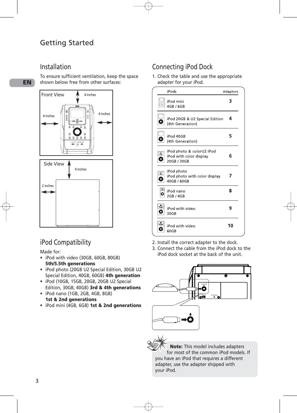 Installation, Ipod compatibility, Connecting ipod dock | Getting started | RCA RS2130i User Manual | Page 8 / 26