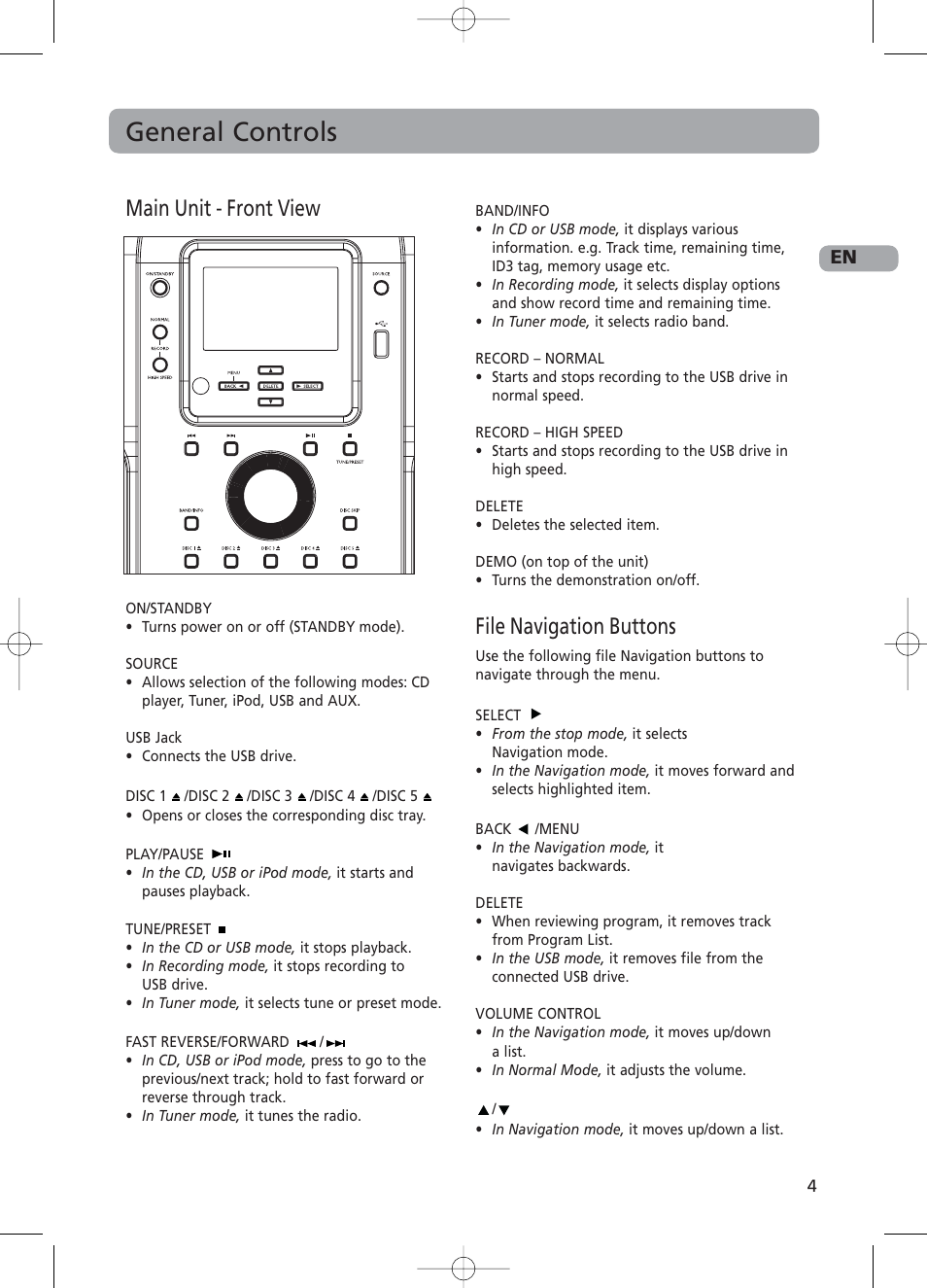 General controls, Main unit - front view, File navigation buttons | RCA RS2130i User Manual | Page 9 / 26