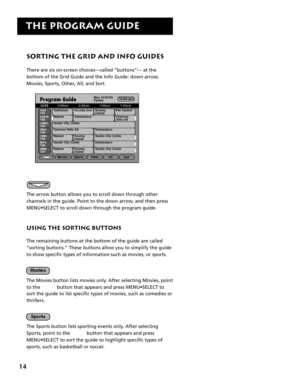 Sorting the grid and info guides, The program guide | RCA DRD403RA User Manual | Page 16 / 72