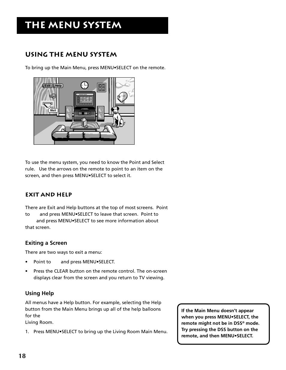 Using the menu system, Exiting a screen, Using help | The menu system | RCA DRD403RA User Manual | Page 20 / 72