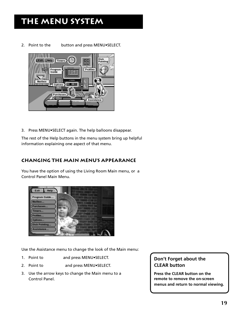 Changing the main menu’s appearance, The menu system | RCA DRD403RA User Manual | Page 21 / 72