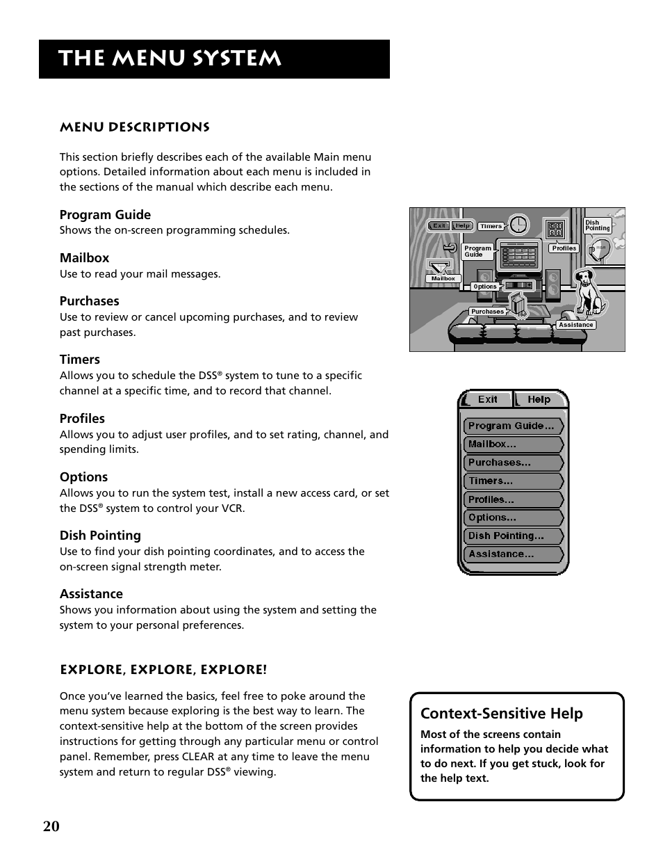 Menu descriptions, The menu system, Context-sensitive help | RCA DRD403RA User Manual | Page 22 / 72