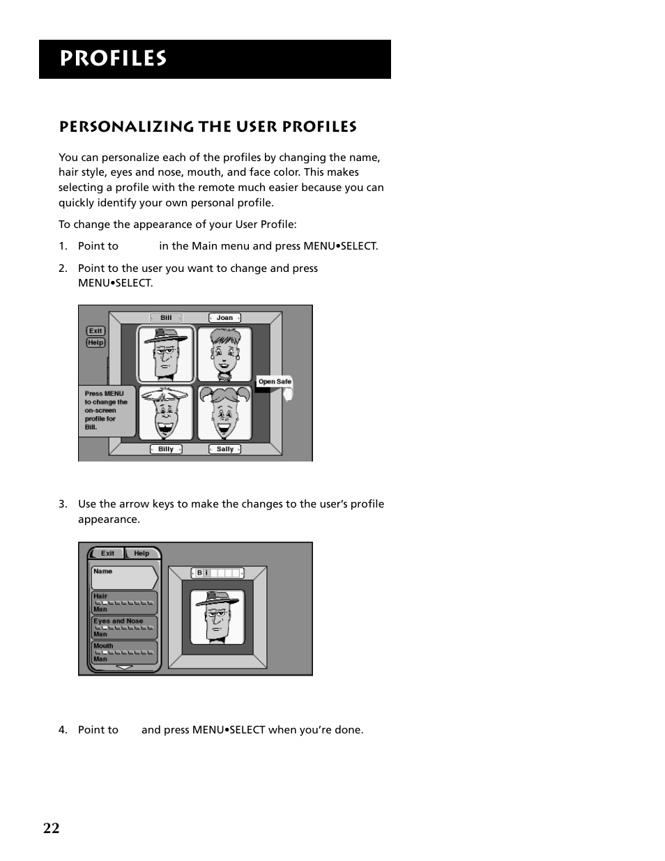 Personalizing the user profiles, Profiles | RCA DRD403RA User Manual | Page 24 / 72