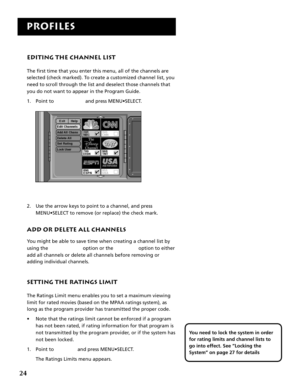 Editing the channel list, Setting the ratings limit, Profiles | RCA DRD403RA User Manual | Page 26 / 72