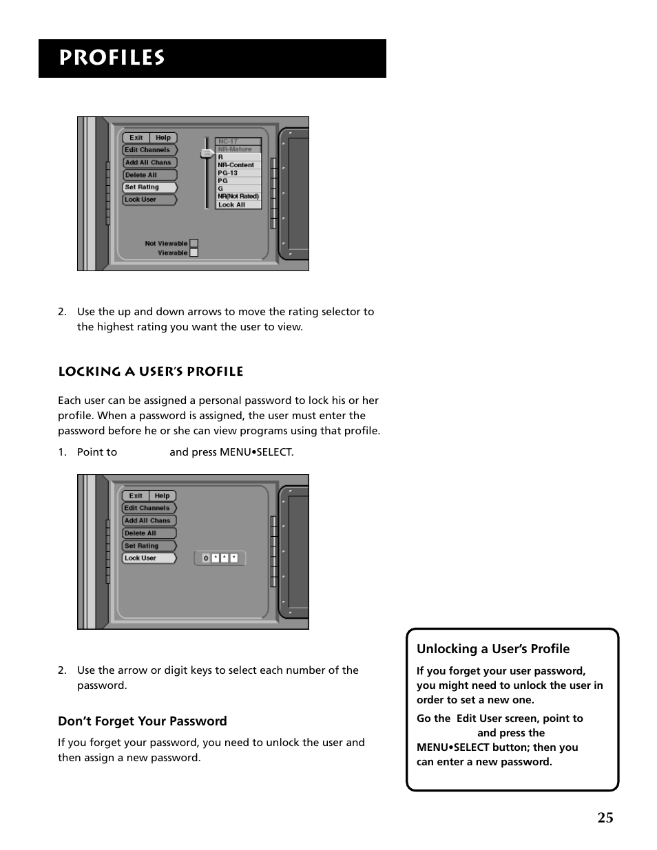 Locking a user’s profile, Profiles | RCA DRD403RA User Manual | Page 27 / 72