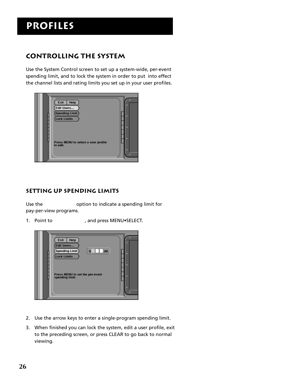 Setting up spending limits, Profiles, Controlling the system | RCA DRD403RA User Manual | Page 28 / 72