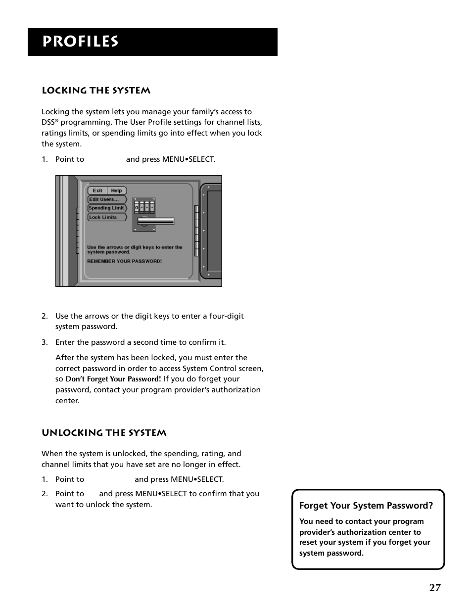 Locking the system, Unlocking the system, Profiles | RCA DRD403RA User Manual | Page 29 / 72