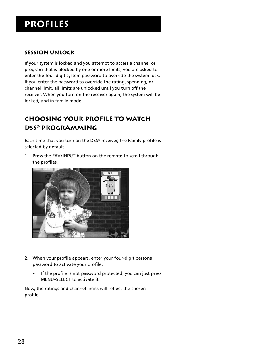 Choosing your profile to watch dss ® programming, Profiles, Choosing your profile to watch dss | Programming | RCA DRD403RA User Manual | Page 30 / 72
