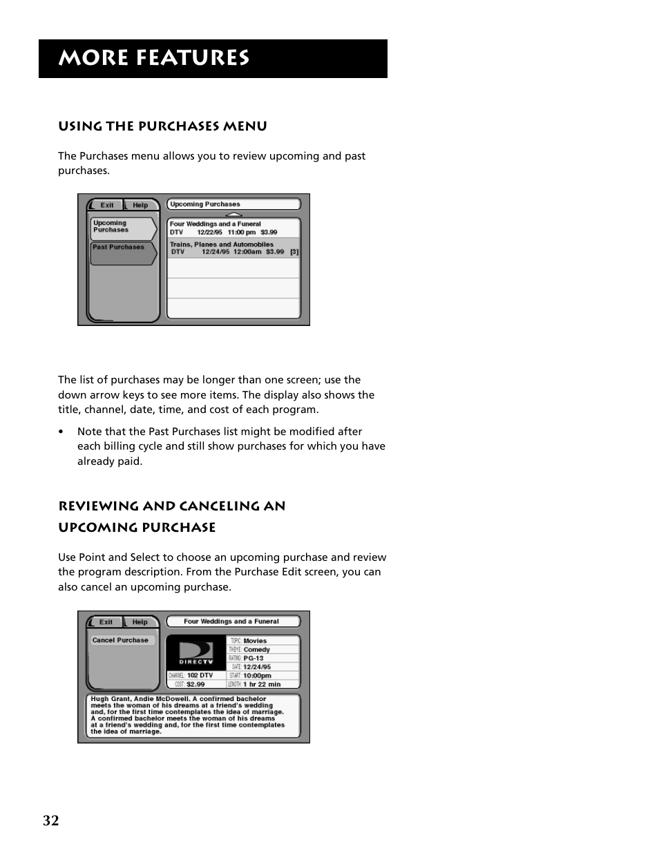 Using the purchases menu, More features | RCA DRD403RA User Manual | Page 34 / 72