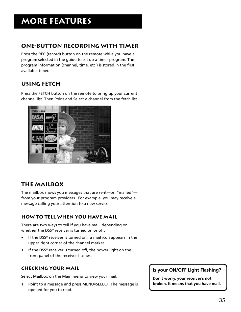 One-button recording with timer, Using fetch, The mailbox | More features | RCA DRD403RA User Manual | Page 37 / 72
