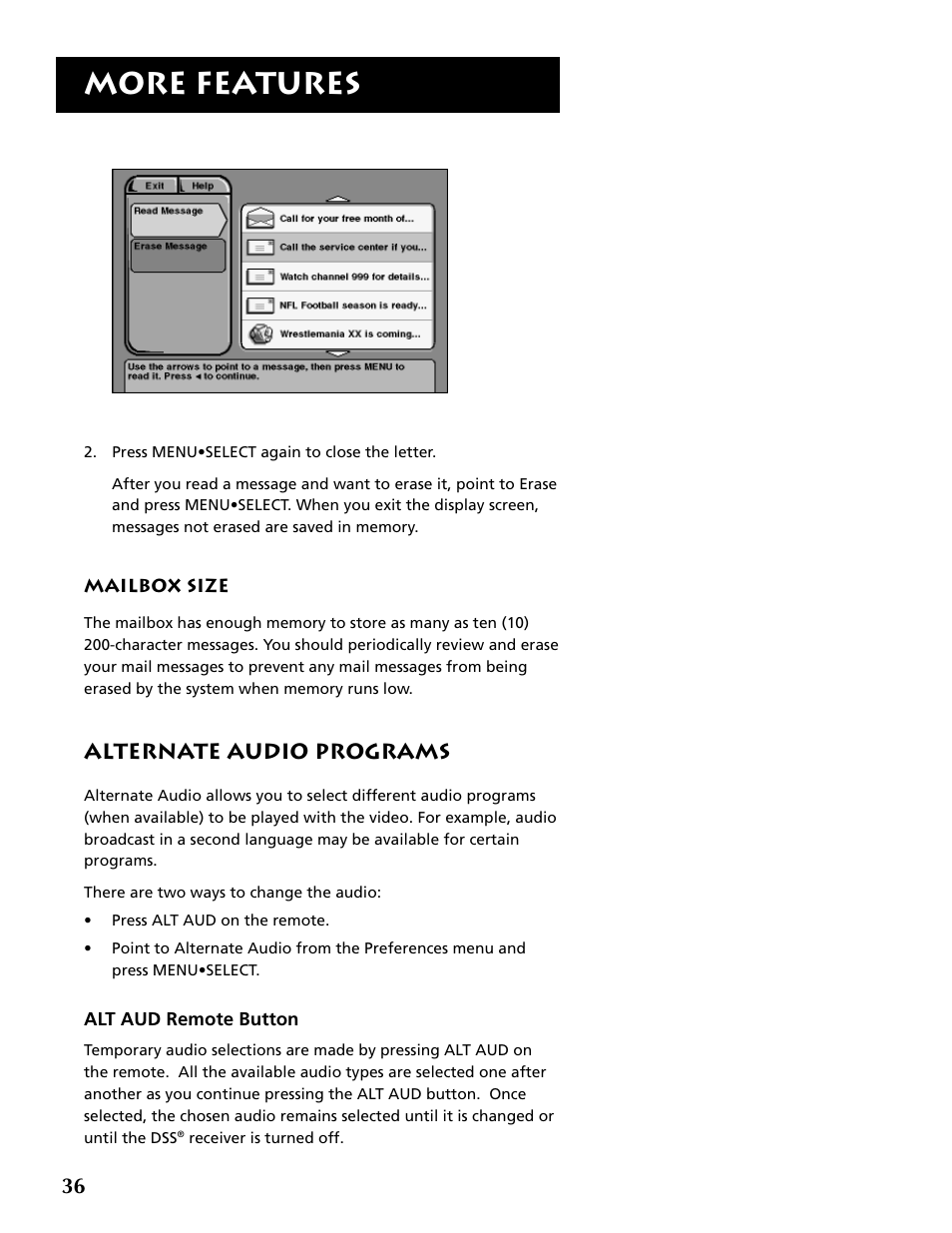 Alternate audio programs, Alt aud remote button, More features | RCA DRD403RA User Manual | Page 38 / 72