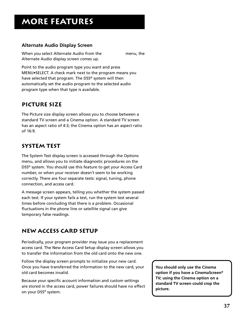 Alternate audio display screen, Picture size, System test | New access card setup, More features | RCA DRD403RA User Manual | Page 39 / 72