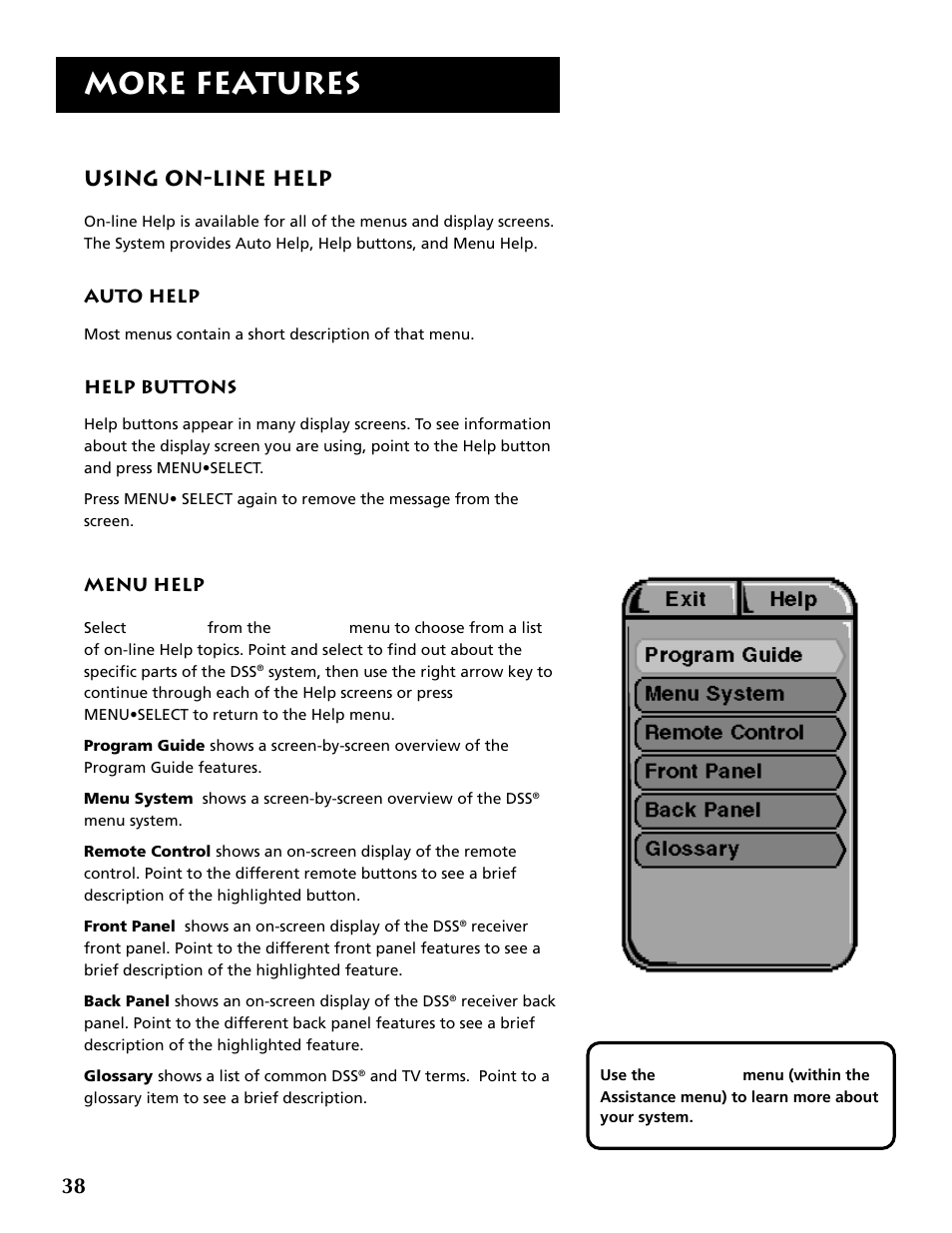 Using on-line help, More features | RCA DRD403RA User Manual | Page 40 / 72