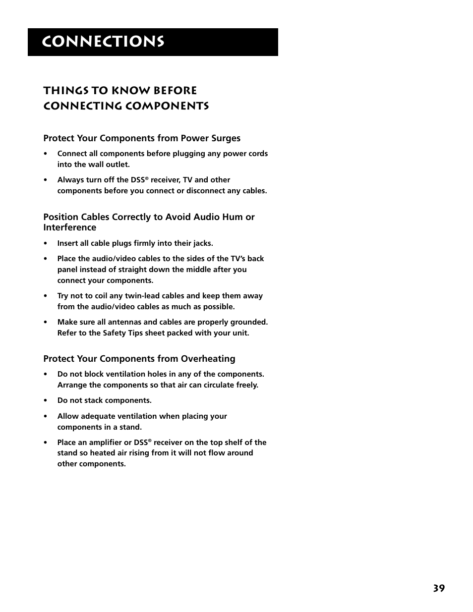 Connections, Things to know before connecting components | RCA DRD403RA User Manual | Page 41 / 72