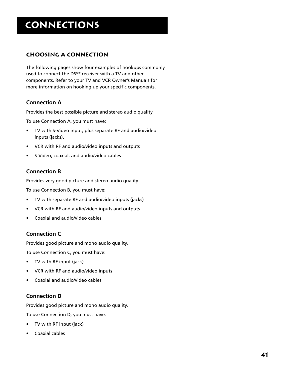 Choosing a connection, Connections | RCA DRD403RA User Manual | Page 43 / 72