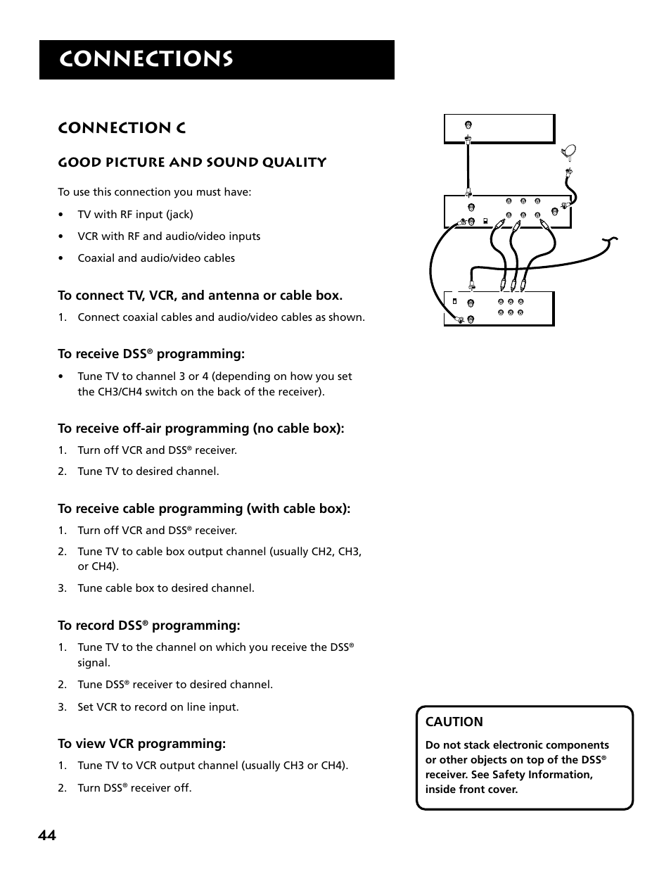Connections, Connection c, Caution | Good picture and sound quality, Programming | RCA DRD403RA User Manual | Page 46 / 72