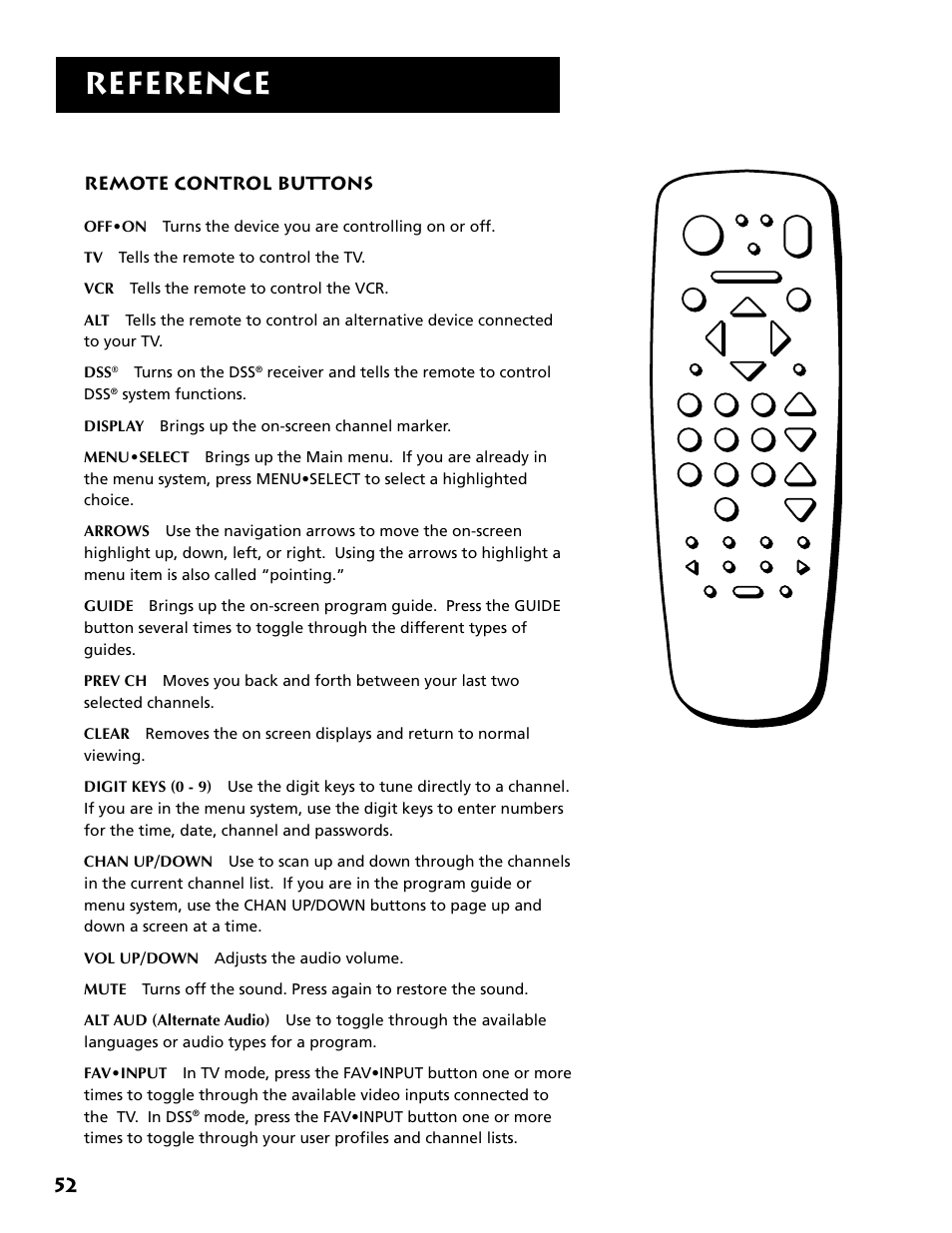 Remote control buttons, Reference, Turns on the dss | Receiver and tells the remote to control dss | RCA DRD403RA User Manual | Page 54 / 72