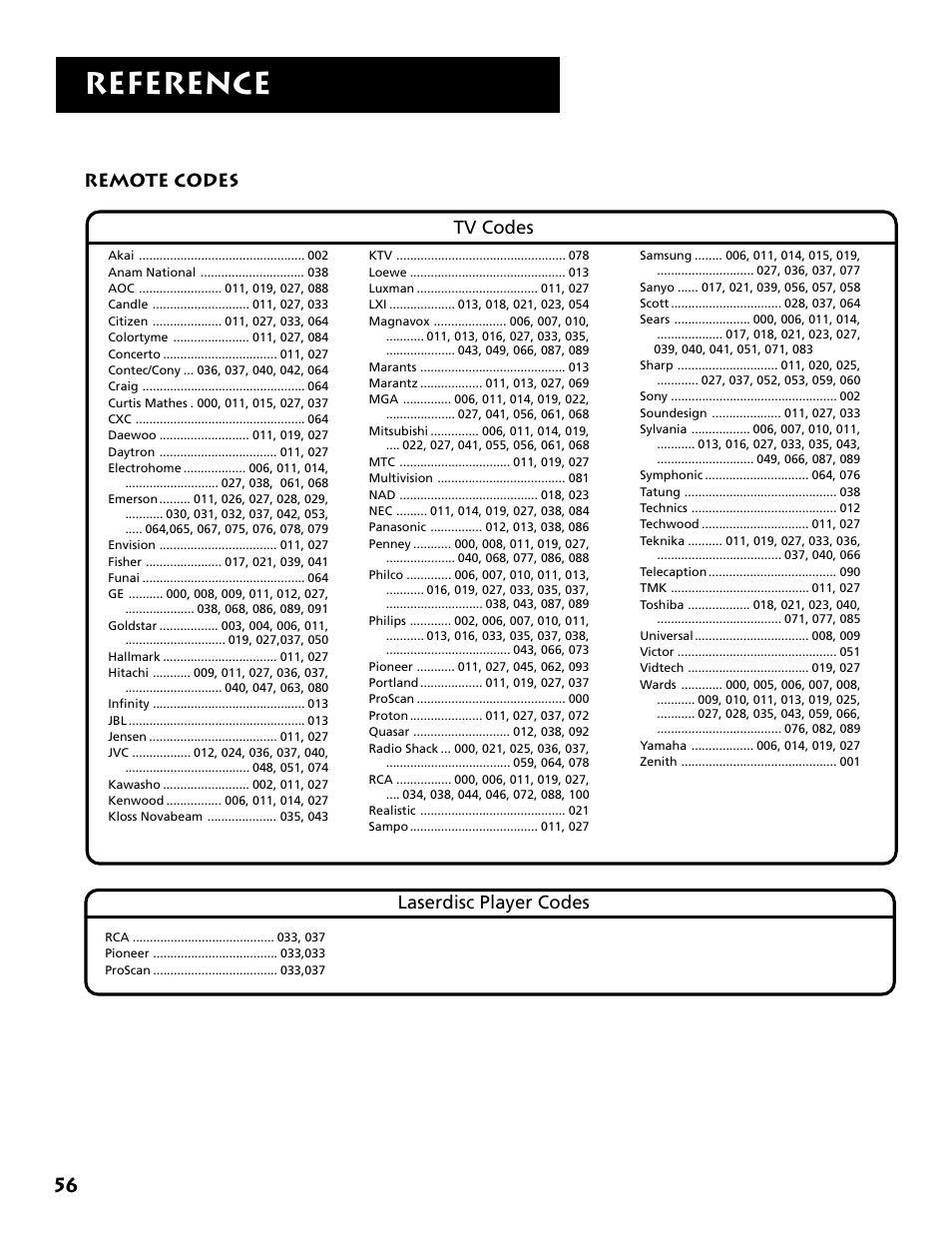 Remote codes, Reference, Remote codes tv codes laserdisc player codes | RCA DRD403RA User Manual | Page 58 / 72