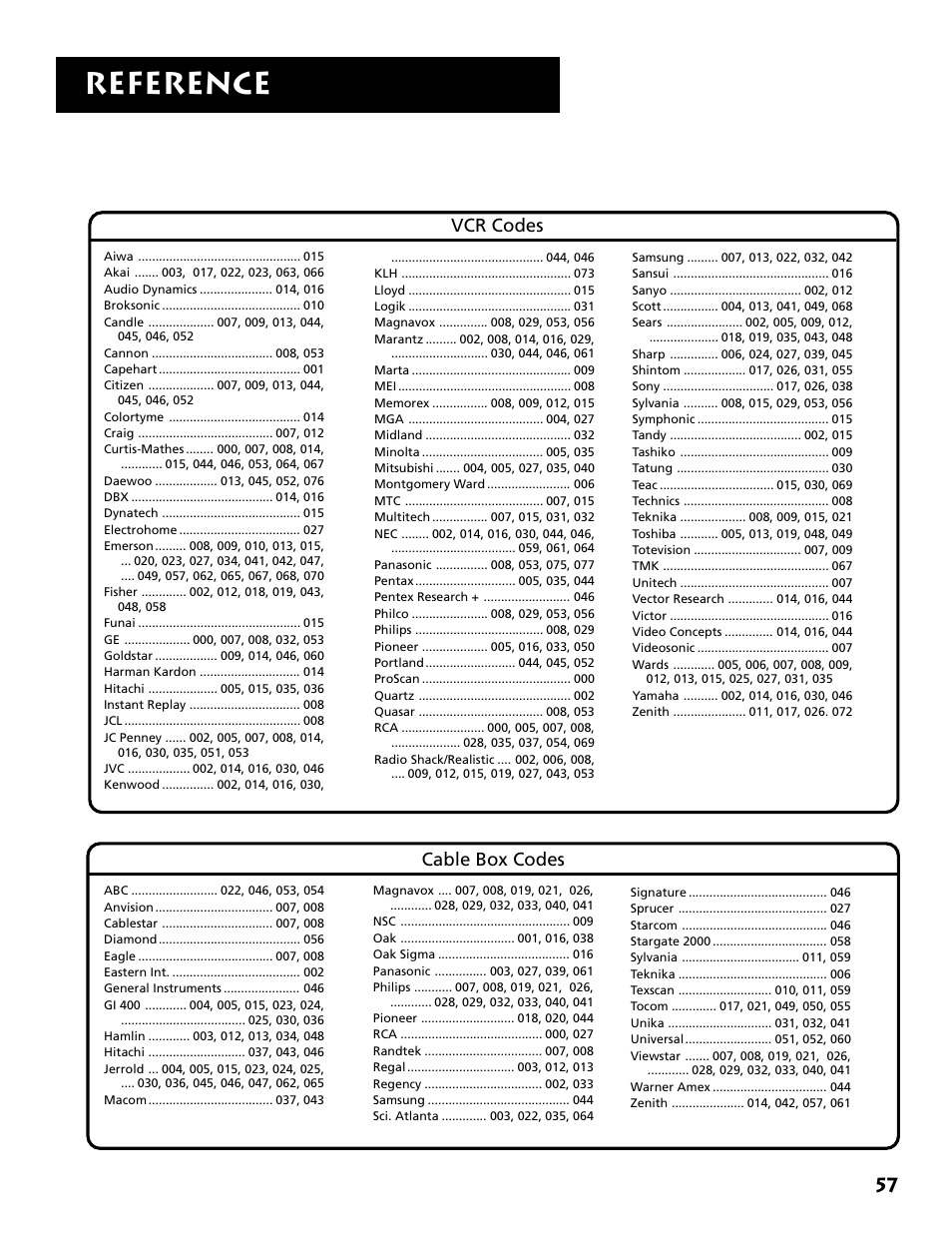 Reference, Vcr codes cable box codes | RCA DRD403RA User Manual | Page 59 / 72