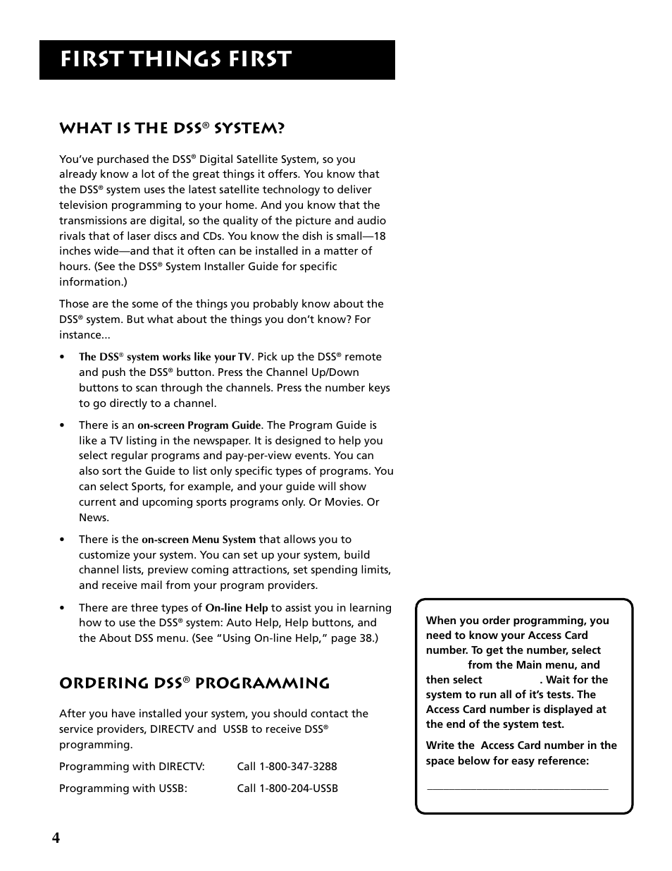 First things first, What is the dss, System | Ordering dss, Programming | RCA DRD403RA User Manual | Page 6 / 72