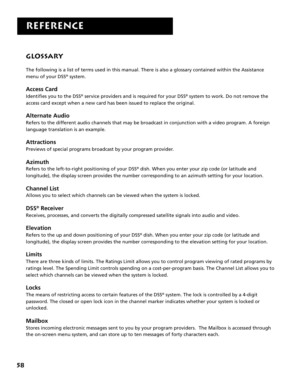 Glossary, Reference | RCA DRD403RA User Manual | Page 60 / 72