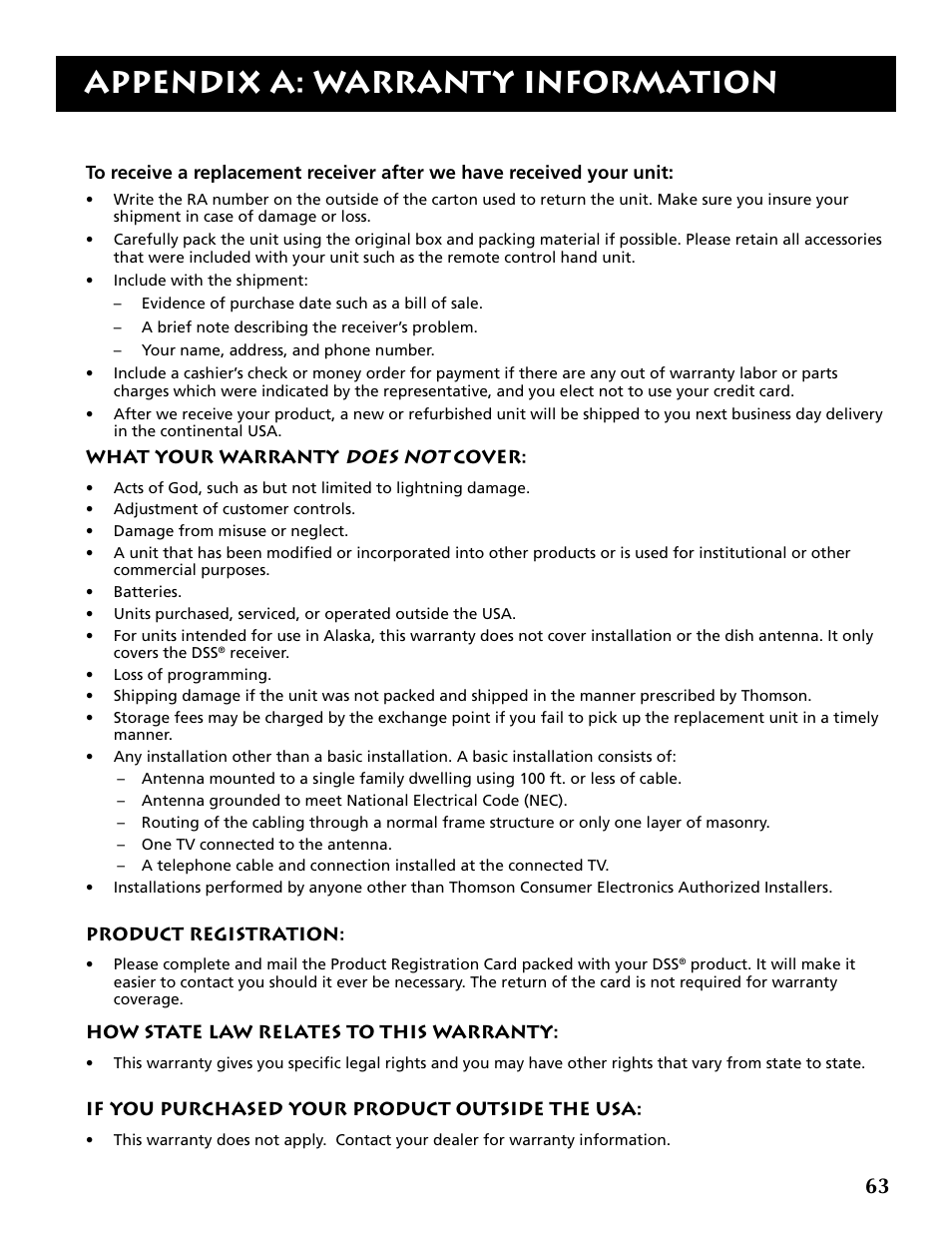 Appendix a: warranty information, Does not | RCA DRD403RA User Manual | Page 65 / 72