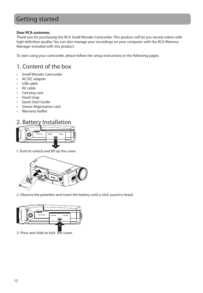 Getting started, Content of the box, Battery installation | RCA EZ5000 User Manual | Page 13 / 37