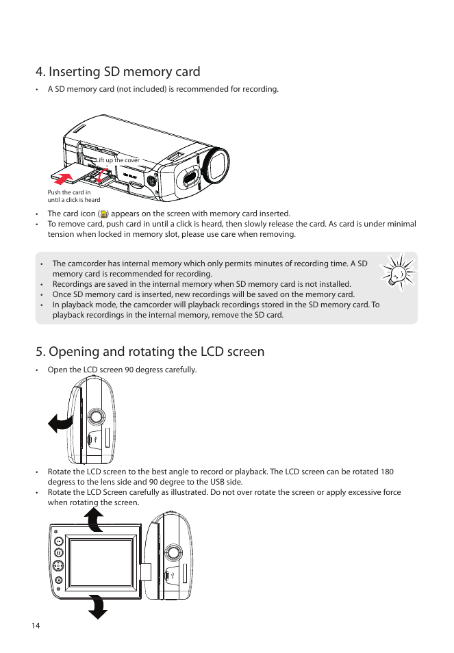 Inserting sd memory card, Opening and rotating the lcd screen | RCA EZ5000 User Manual | Page 15 / 37