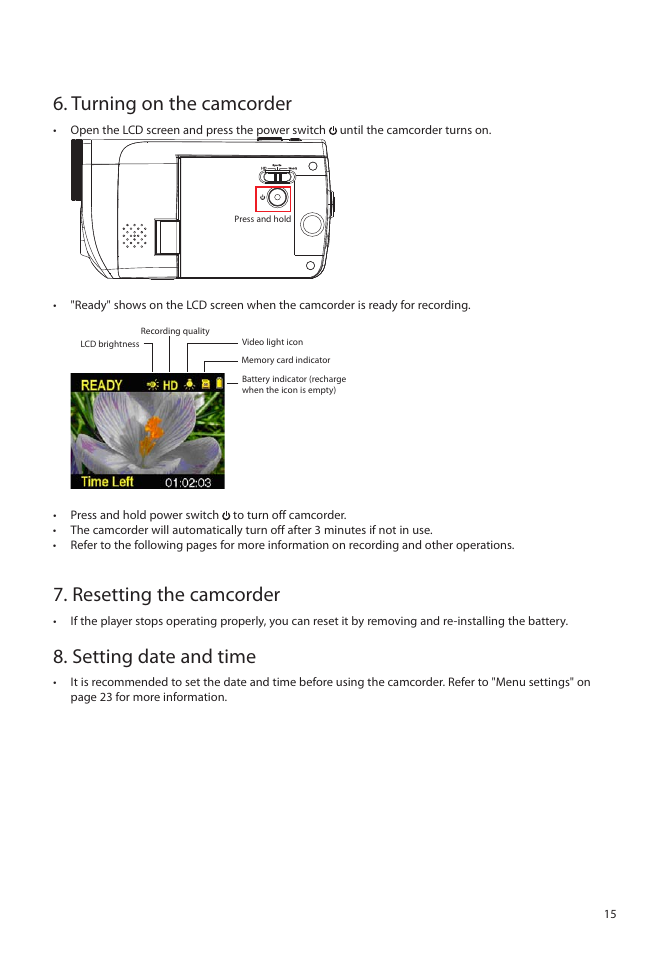 Turning on the camcorder, Resetting the camcorder, Setting date and time | RCA EZ5000 User Manual | Page 16 / 37