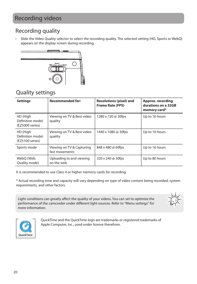 Recording videos, Recording quality, Quality settings | RCA EZ5000 User Manual | Page 21 / 37