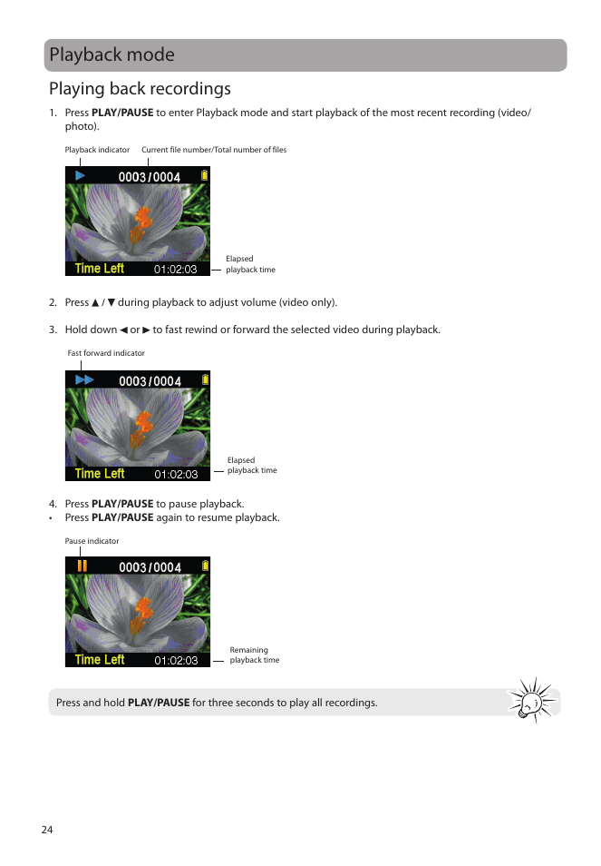 Playback mode, Playing back recordings | RCA EZ5000 User Manual | Page 25 / 37