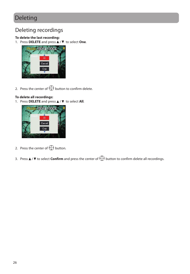 Deleting, Deleting recordings | RCA EZ5000 User Manual | Page 27 / 37