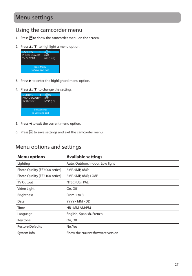 Menu settings, Using the camcorder menu, Menu options and settings | Menu options available settings | RCA EZ5000 User Manual | Page 28 / 37