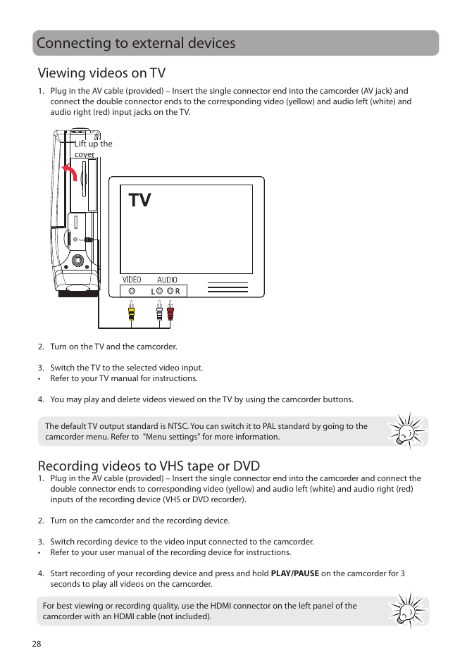 Connecting to external devices, Viewing videos on tv, Recording videos to vhs tape or dvd | RCA EZ5000 User Manual | Page 29 / 37