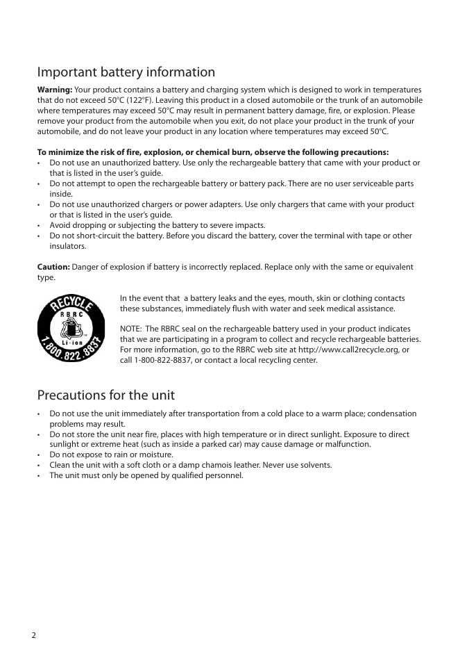 Important battery information, Precautions for the unit | RCA EZ5000 User Manual | Page 3 / 37