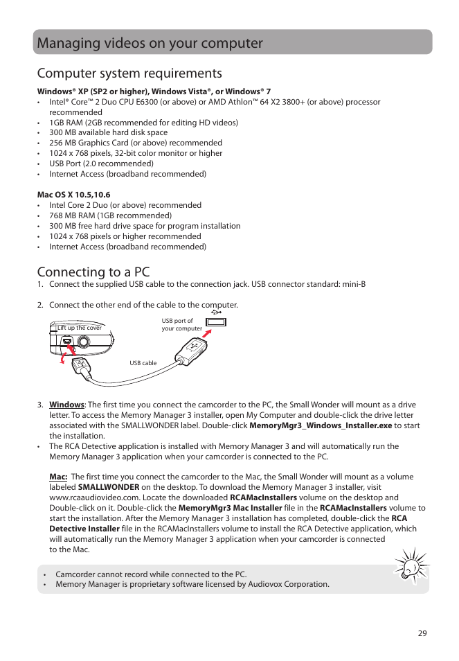 Managing videos on your computer, Computer system requirements, Connecting to a pc | RCA EZ5000 User Manual | Page 30 / 37