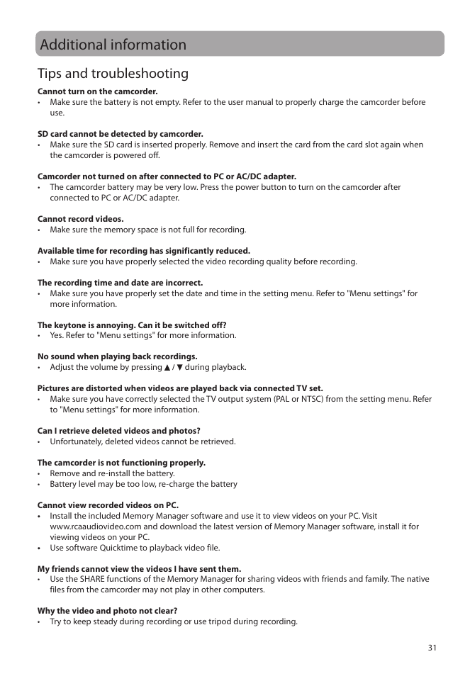 Additional information, Tips and troubleshooting | RCA EZ5000 User Manual | Page 32 / 37