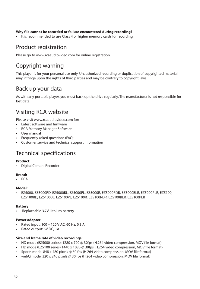 Product registration, For your records, Service information | Copyright warning, Back up your data, Visiting rca website, Technical specifications | RCA EZ5000 User Manual | Page 33 / 37