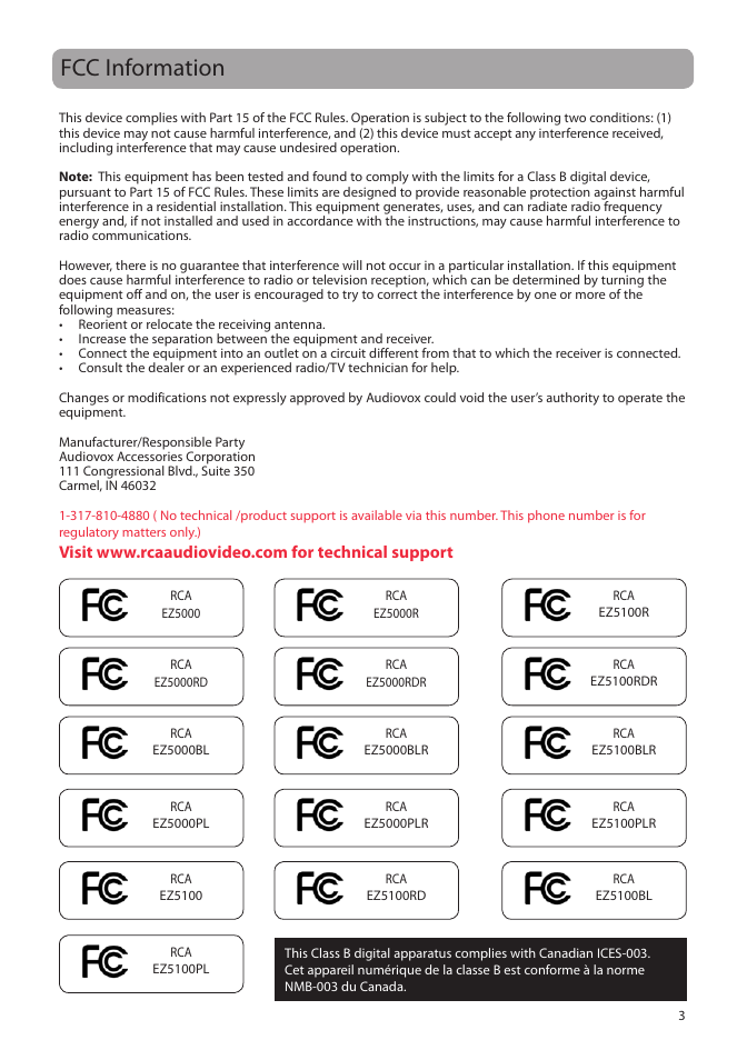 Fcc information | RCA EZ5000 User Manual | Page 4 / 37