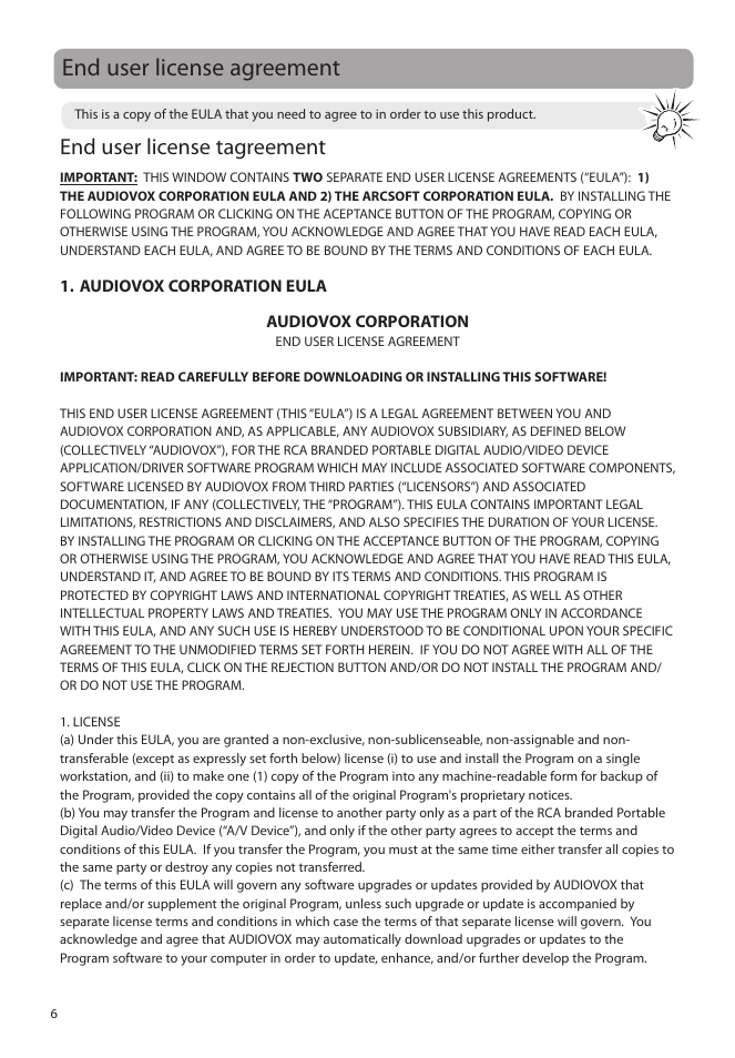 End user license agreement, End user license tagreement | RCA EZ5000 User Manual | Page 7 / 37