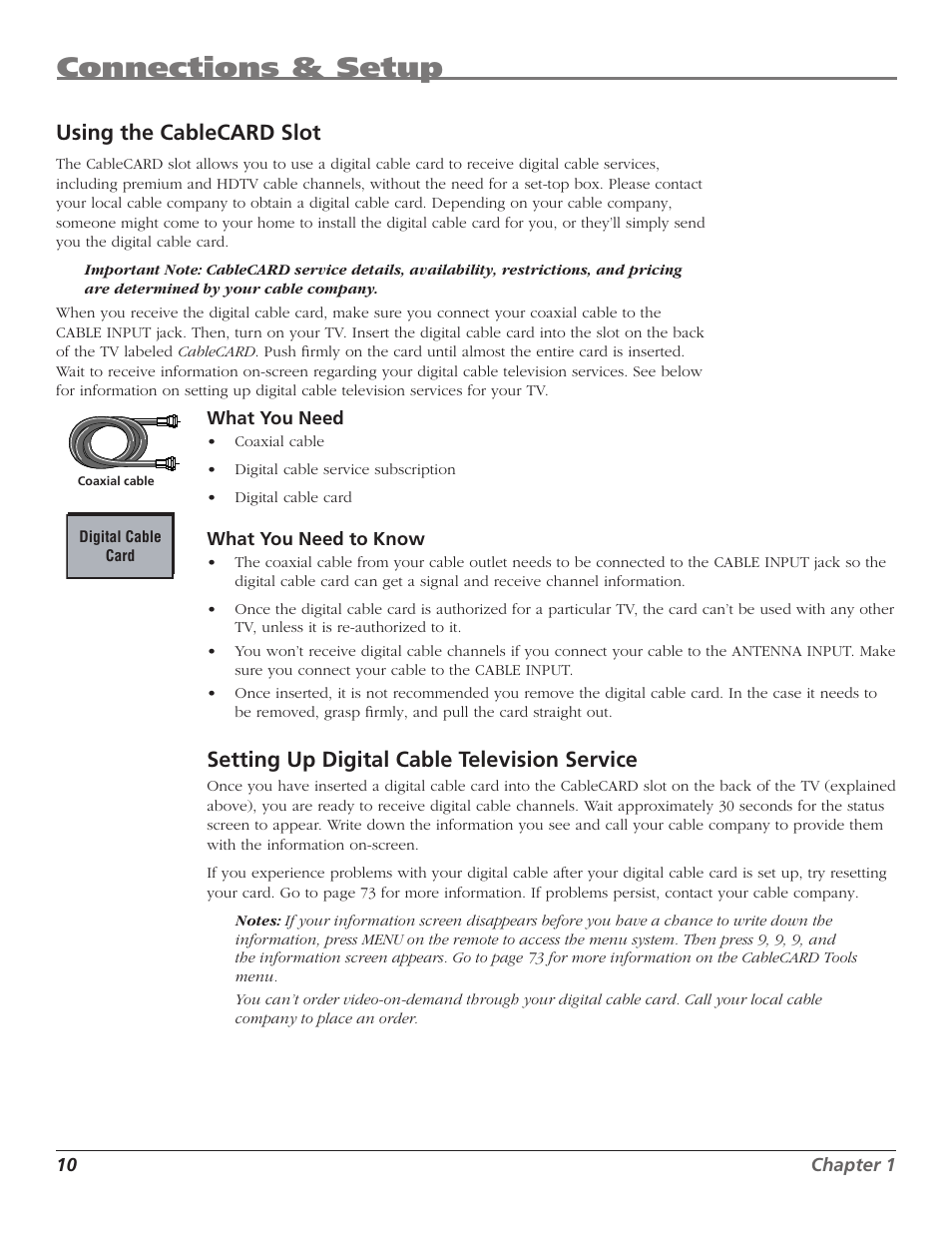 Connections & setup, Using the cablecard slot, Setting up digital cable television service | RCA HD50LPW167 User Manual | Page 12 / 96