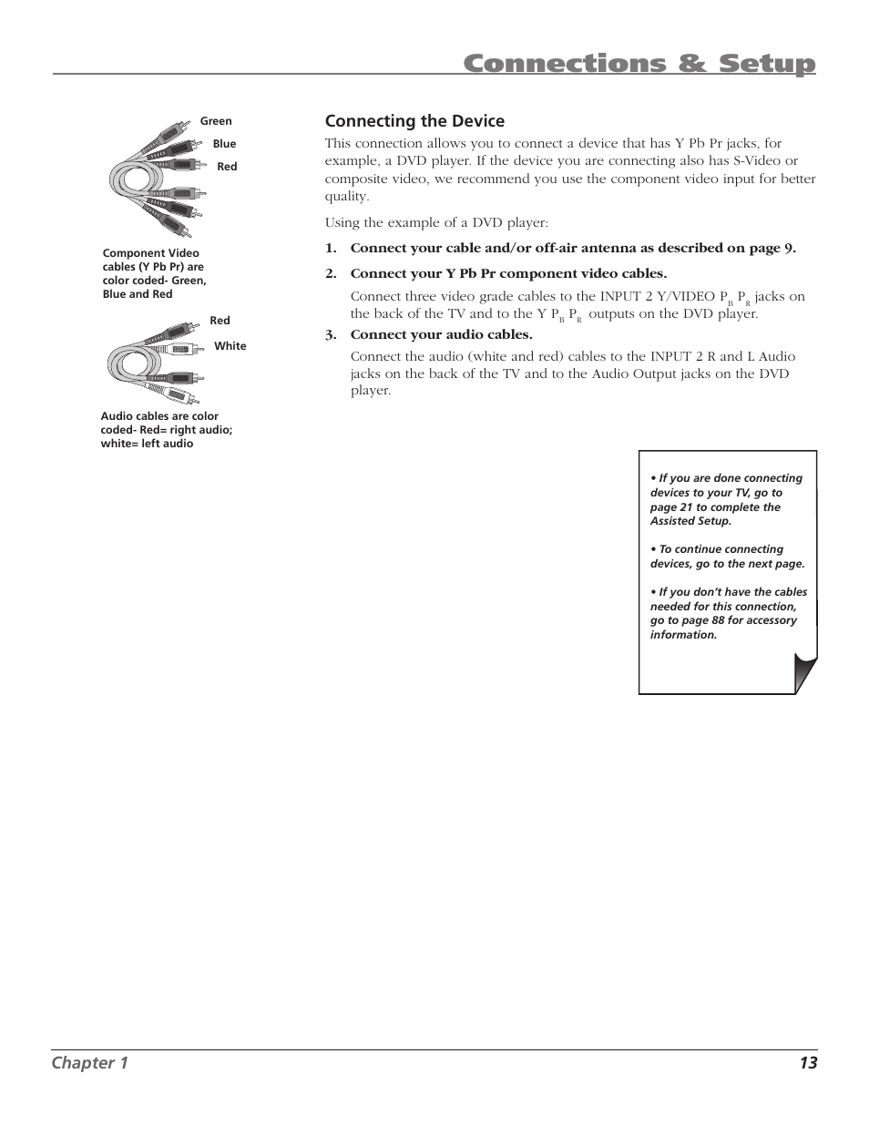 Connections & setup, Chapter 1 13 connecting the device | RCA HD50LPW167 User Manual | Page 15 / 96