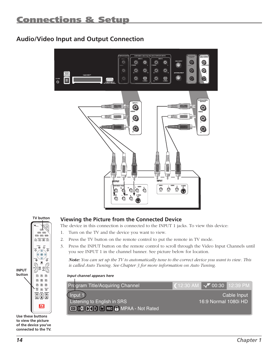 Connections & setup, Audio/video input and output connection, 14 chapter 1 | Viewing the picture from the connected device | RCA HD50LPW167 User Manual | Page 16 / 96