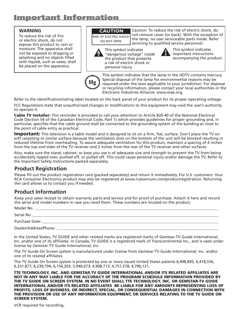 Important information, Product registration, Product information | RCA HD50LPW167 User Manual | Page 2 / 96