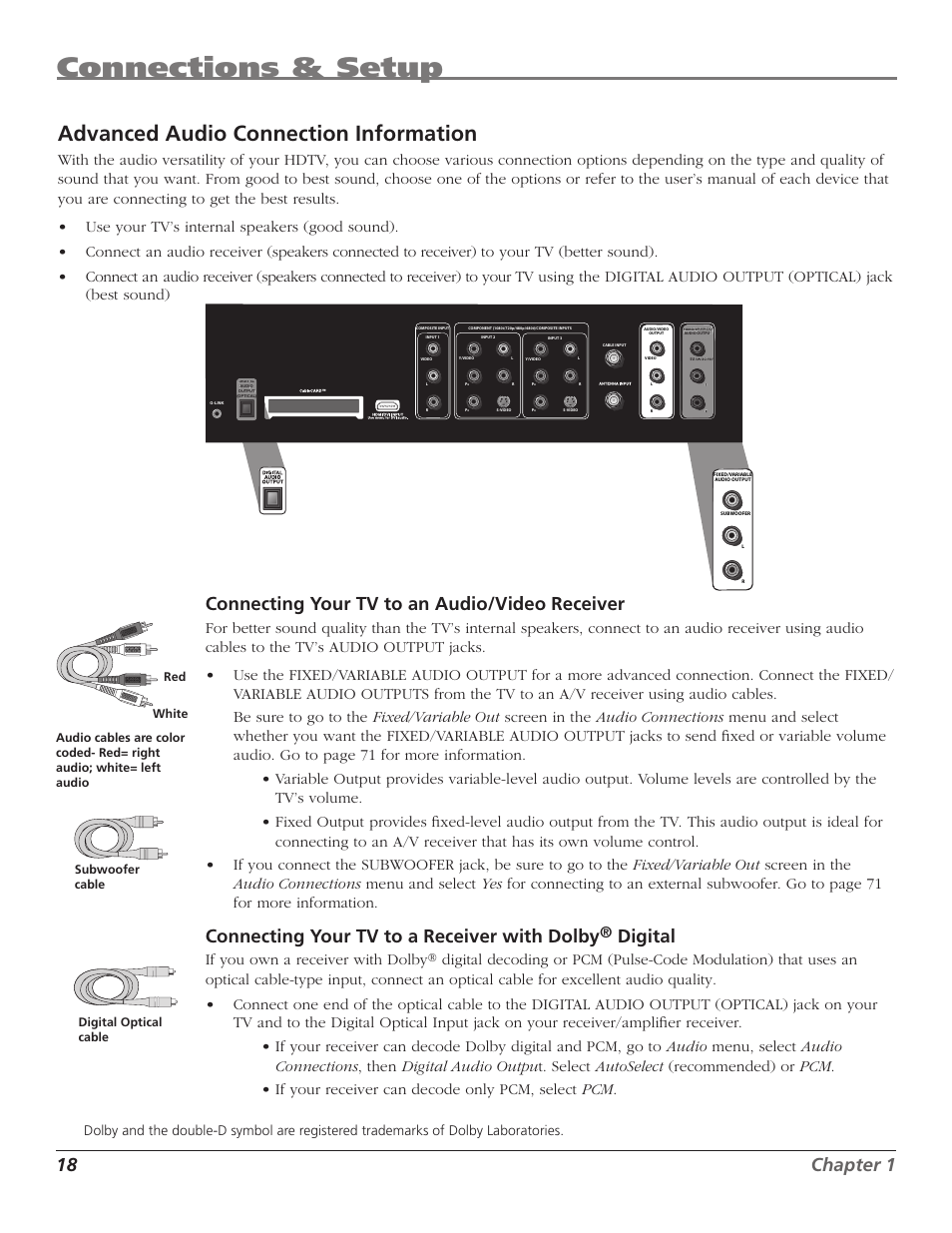 Connections & setup, Advanced audio connection information, 18 chapter 1 | Connecting your tv to an audio/video receiver, Connecting your tv to a receiver with dolby, Digital, If you own a receiver with dolby | RCA HD50LPW167 User Manual | Page 20 / 96