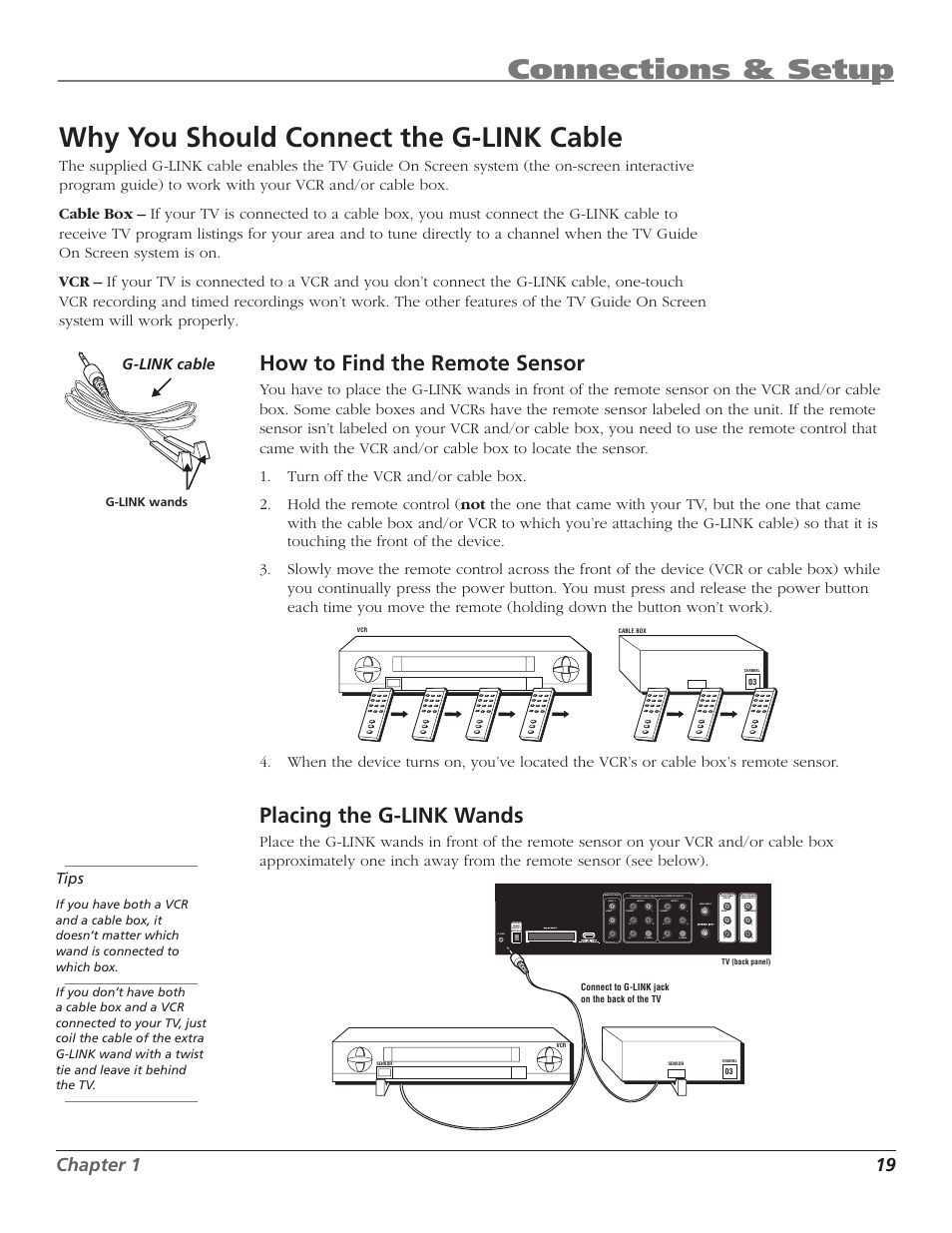 Connections & setup, Why you should connect the g-link cable, How to find the remote sensor | Placing the g-link wands, Chapter 1 19, G-link cable, G-link wands | RCA HD50LPW167 User Manual | Page 21 / 96